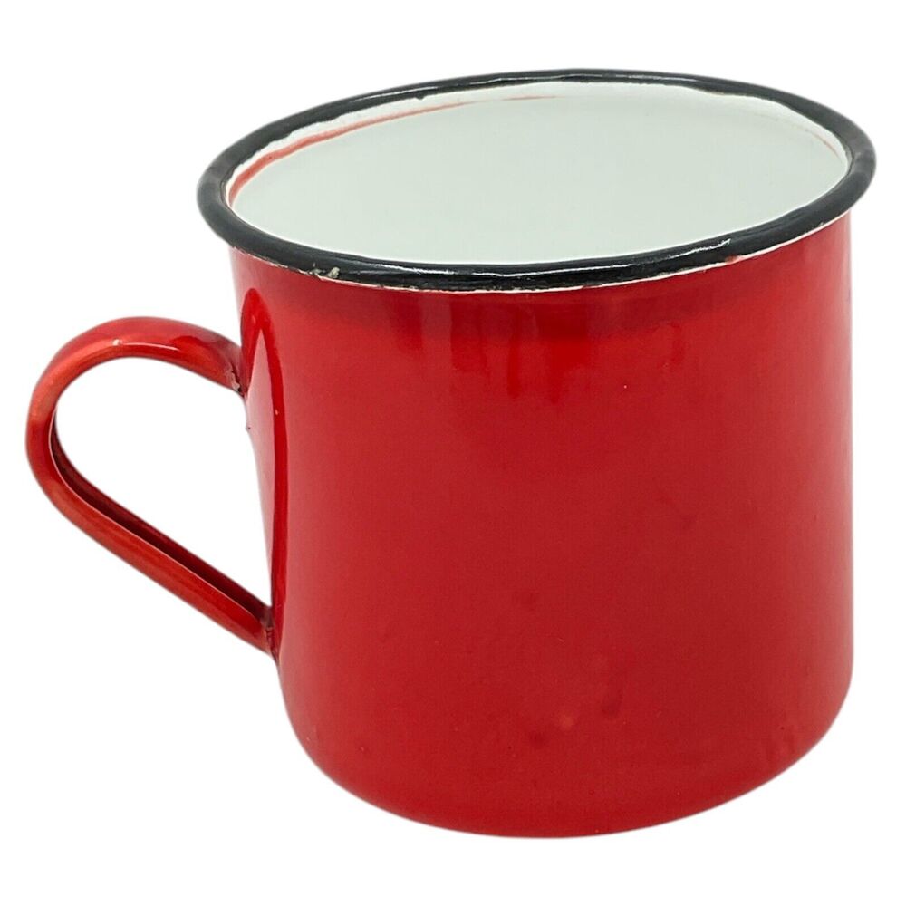 Red Black Rim Graniteware Coffee Cup Enamel Cowboy Mug Farmhouse‎